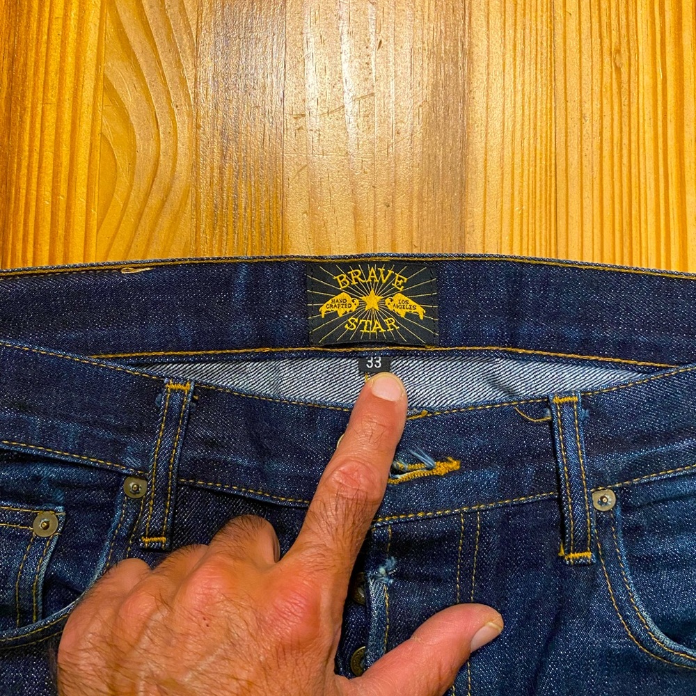 Bravestar 14oz selvedge Cone Mills denim, 33x35 True Straight.